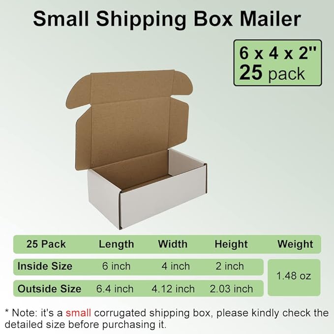 6x4x2'' Small Shipping Boxes 25 Pack, White Corrugated Cardboard Literature Mailers, Mailing Packaging Supplies for Small Business (W642-25)