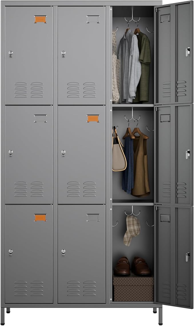 Employee Lockers with 27 Hooks,9 Doors Metal Storage Locker with Card Holder for Employees Home Gym,Assembly Required (Dark Grey)