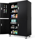 VINGLI Large Garage Storage Cabinet with 4 Doors, Upgraded Height & Wide & Deep, 43''W x 23''D x 75''H, Oversized Metal Storage Cabinet with Pegboards Wheels Locks and Adjustable Shelves (Black)