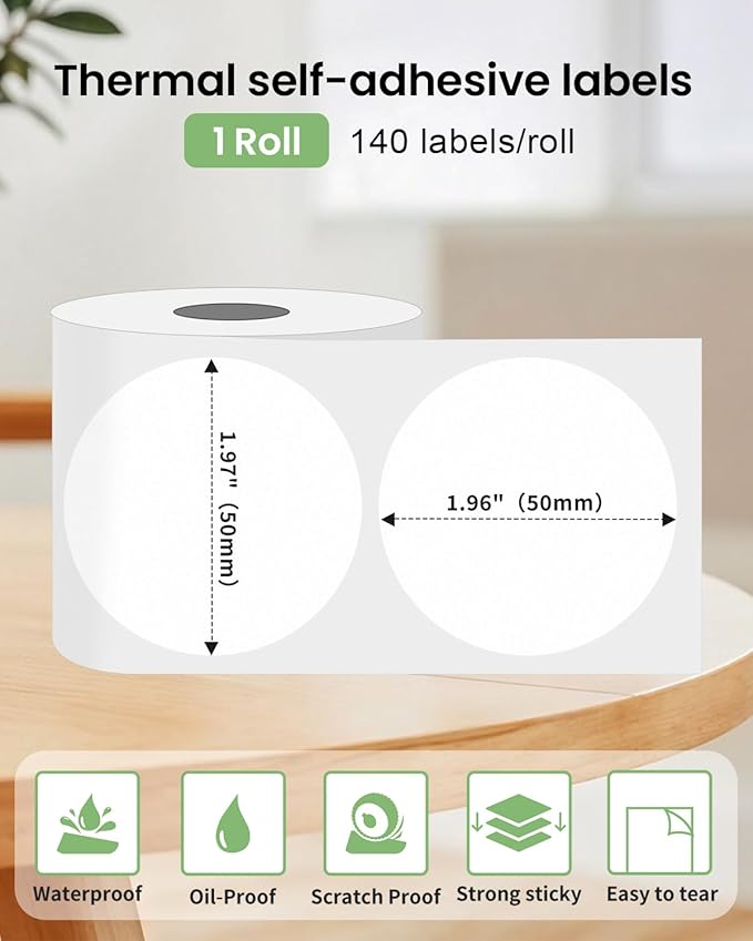 Phomemo Labels - Frosted Clear Round Label for M110/M100/M220/M108/M250/M160 Label Maker, 1.96" x 1.96"（50x50 mm）,Multi-Purpose Self-Adhesive Paper for Barcode/Address/Mailing/Logo/Business Home Tag