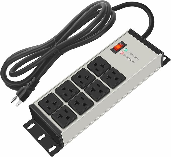 CCCEI Magnetic Heavy Duty Power Strip Surge Protector 20Amp, 12 Gauge High Amp Extension Outlets, Garage Wall Mount 8 Plug Metal Power Strip. 10FT, Grey, 5-15P Adapter 6-20R T-Slot 20a for Appliance