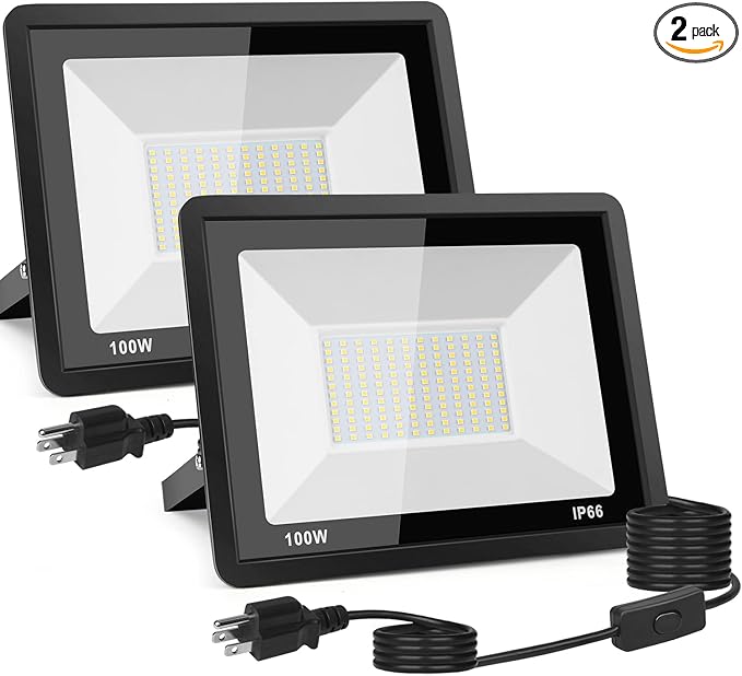 2-Pack 100W LED Flood Light Outdoor, 10000LM Bright Plug-in Flood Lights with Switch, IP66 Waterproof Exterior Security Lights, LED Work Light for Garage, Yard, Garden, Playground, Stadium, Arena