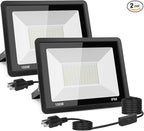 2-Pack 100W LED Flood Light Outdoor, 10000LM Bright Plug-in Flood Lights with Switch, IP66 Waterproof Exterior Security Lights, LED Work Light for Garage, Yard, Garden, Playground, Stadium, Arena