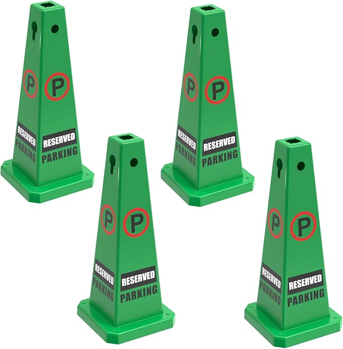 Reserved Parking Sign, 26.4-Inch Green Plastic Cone, High-Visibility, Weatherproof, Slip-Resistant Base, Stackable, Indoor Outdoor Parking Control - 4 Pack