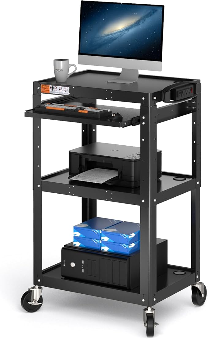 Steel AV Cart on Wheels - Rolling Projector Cart with Height Adjustable Shelf, Pullout Keyboard Tray, Power Strip, Cord Management - Mobile Media Carts Computer Workstation for Office Classroom