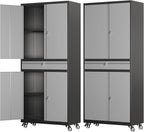 73" Metal Garage Storage Cabinet with Wheels， Rolling Tool Storage with Locking Doors， Adjustable Shelves and Drawer, Heavy Duty Steel Tool Cabinet for Garage, Warehouse, School(Black Grey)
