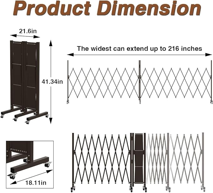 Expandable Driveway Gate, Portable Barricade Gate with Casters, Metal Folding Security Gate, 209" Wide Aluminum Expandable Garden Fence, Outdoor Dog Fence for Yard (Brown, 216.54)