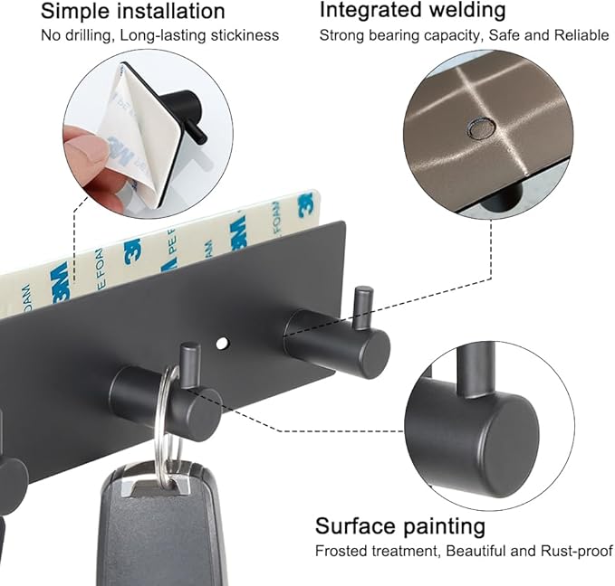 Key Hooks for Wall, Self Adhesive Key Holder for Wall with 2 Self-Adhesive Tapes, No Damage Key Holder Rack for Wall with 4 Key Hooks for Entryway, Door, Bathroom, Kitchen