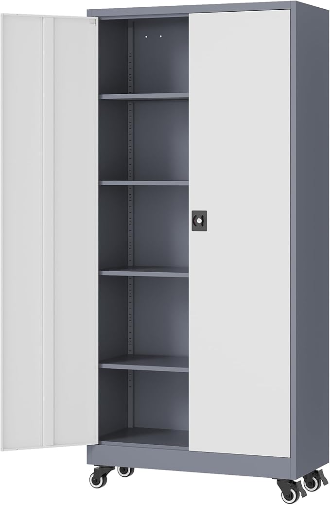 Metal Rolling Storage Cabinet-74.6” Tall Steel File Cabinets with Wheels Lockable Doors and Adjustable Shelves-Gray & White Steel Storage Cabinet for Home, School, Office, Garage