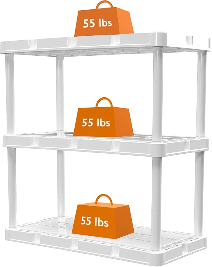 Gracious Living 3 Shelf Knect-A-Shelf Solid Light Duty Storage Unit 12 x 24 x 33 Organizer for Home, Garage, Basement & Laundry, White