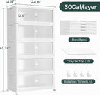 600QT Extra Large Stackable Storage Bins with Lid, 150Gal Collapsible Closet Organizer Box with Wheels, Folding Plastic Storage Cabinet with Doors for Home Kitchen Office Dorm, 5Pack White
