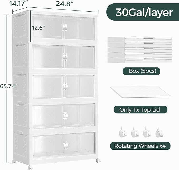 600QT Extra Large Stackable Storage Bins with Lid, 150Gal Collapsible Closet Organizer Box with Wheels, Folding Plastic Storage Cabinet with Doors for Home Kitchen Office Dorm, 5Pack White