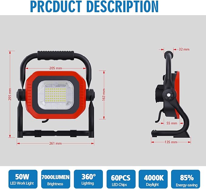 50W 7000LM LED Work Light with Adjustable Stand - IP65 Waterproof, 270° Rotation & 360° Swivel, Portable Flood Light for Workshop, Garage, Construction Sites