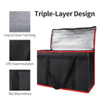 Bodaon Insulated Food Delivery Bag, XX-Large Reusable Grocery Shopping Bags, Picnic Cooler Bag Zipper/Zippered Top Cold, Black with Red Edge, 1-Pack