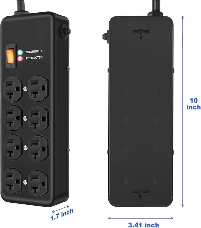 Heavy Duty Surge Protector 20Amp,Metal Power Strip with 8 Outlets,Wall Mount Surge Protector 4800J,12 Gauge 6FT Extension Cord 5-15P Adapter Workshop & Industrial Use with 6-20R T-Slot Outlets