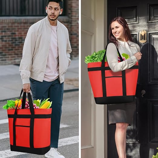 Insulated Reusable Tote Bag for Grocery Shopping for Women, Pizza/Food Delivery Bag to Keep Food Cold/Hot for Commercial Food Transport, Cooler bags for Travel/Beach/Picnic, Non-Waterproof, Red