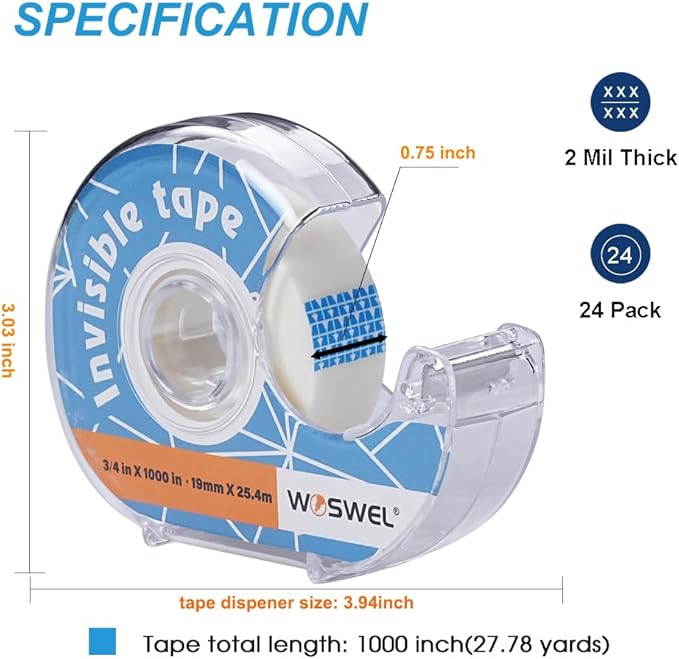 Tape Refills with Dispenser, 24 Roll Invisible Tapes, 3/4 Inch X 1000 in, Gift Wrapping Tapes Supplier for Christmas Home School Office Use