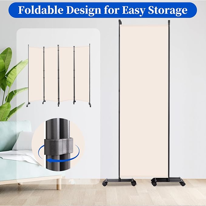 Room Divider 6FT Room Partition with Lockable Wheels, (Thicked Metal Base) Room Dividers, Freestanding Indoor Folding Privacy Screens, Portable Fabric Wall Divider for (Beige, 88"- 4 Panel)