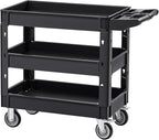 VEVOR Utility Cart, 3-Tier Plastic Service Cart with 550LBS Capacity, 360° Swivel Casters (Including 2 Locking Wheels), Medium Lipped Shelves, Ergonomic Handle, for Garage, Warehouse, Cleaning Tasks