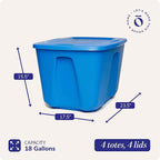 HOMZ 4-Pack Durable Molded Bin, Plastic Storage Containers w/Lids, 18 Gallon, Blue - Stackable Organizer Totes and Boxes for Bedroom, Kitchen, and Garage Organization