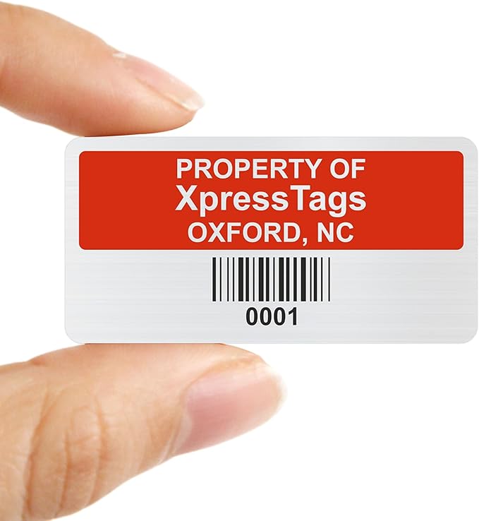 XpressTags 1" x 2" Custom Asset Labels with Barcode & Serial Number, Fixed Inventory Asset Tags, Brushed Metalized Silver Polyester Stickers - Pack Sizes 100 to 5000, Made in USA