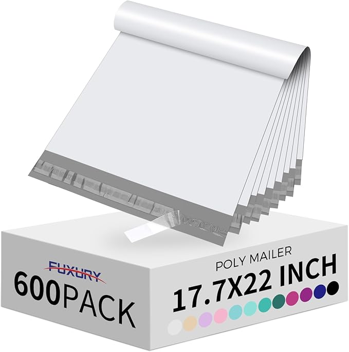 Fuxury 600 Pack 17.7x22" White Large Poly Mailers Bulk,Waterproof Mailing Envelopes for Clothing,XL Strong Adhesive Self Seal Poly Shipping Bags for Postage Return Books Small Business