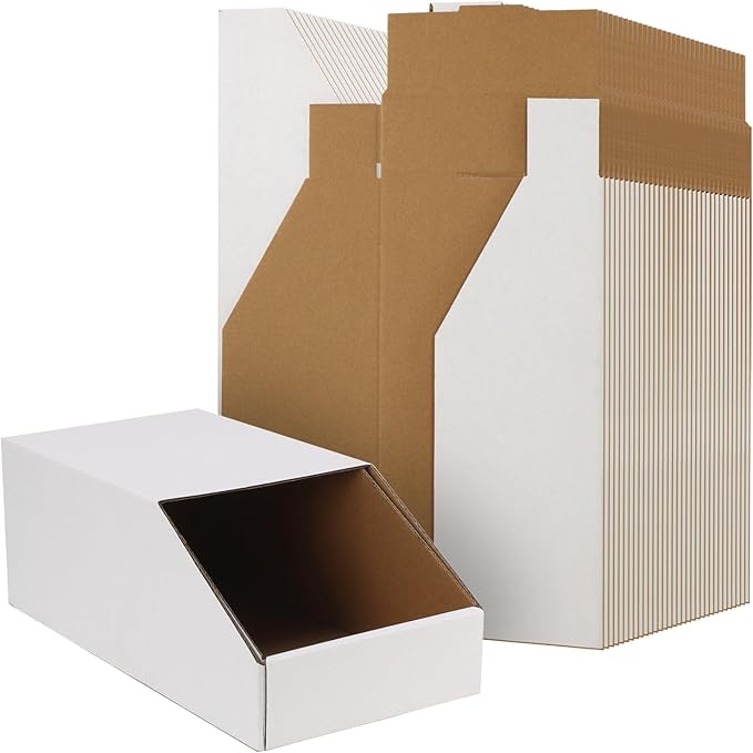 EXYGLO Stackable Cardboard Storage Bins 30 Pack, 12x6x4.5 Inch Cardboard Boxes with Lid, Corrugated Organizer Bins for Pantry, Shelves, Garage, Office, Shop, White