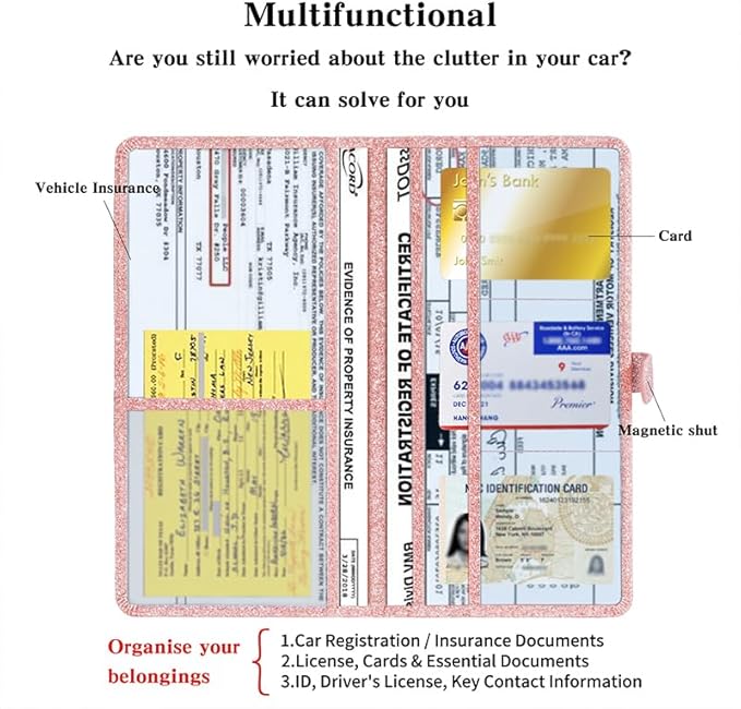 2 Ppack Leather Car Registration and Insurance Card Holder, Car Document Holder for Cards License with Magnetic Shut(Glitter Pink-Ear