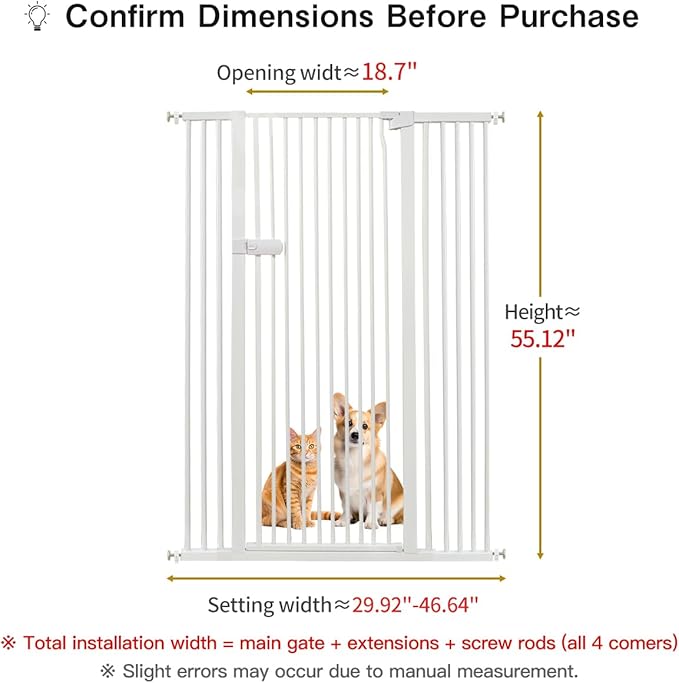Lumizone Extra Tall Cat Gate 55.12" High Pressure Mounted Extra Wide 2025 New (17 Sizes) 1.37" Gap No Drilling Auto-Close One-Handed Operation Tall Pet Gate for Dogs(White, 55.12" H x 29.92"-46.64" W)