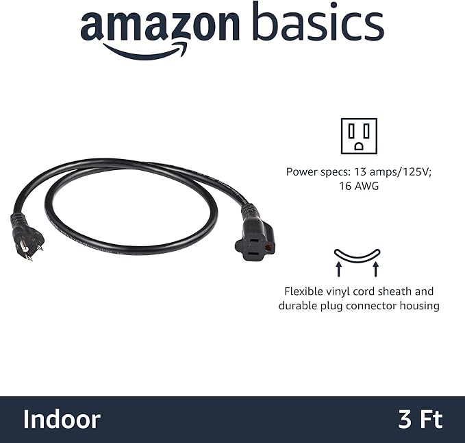 Amazon Basics Extension Cord, 3 Ft, 3 Prong Outlet Extender, Indoor Extension Cord, 13 Amps, 125V, Black