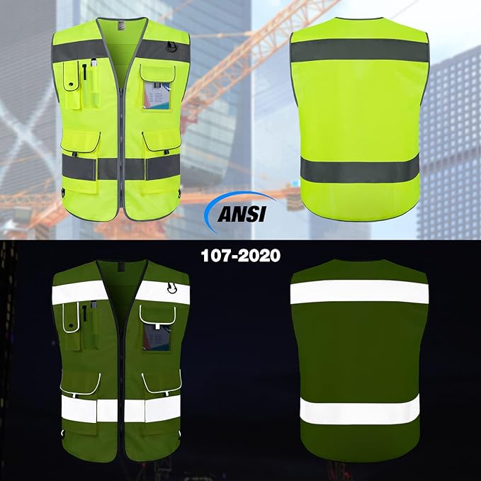 TCCFCCT Safety Vest for Men Women 9 Pockets High Visibility Reflective Vest for Safety, Work Vest with Reflective Strips, Meets ANSI/ISEA Standards, (Yellow, X-Large)