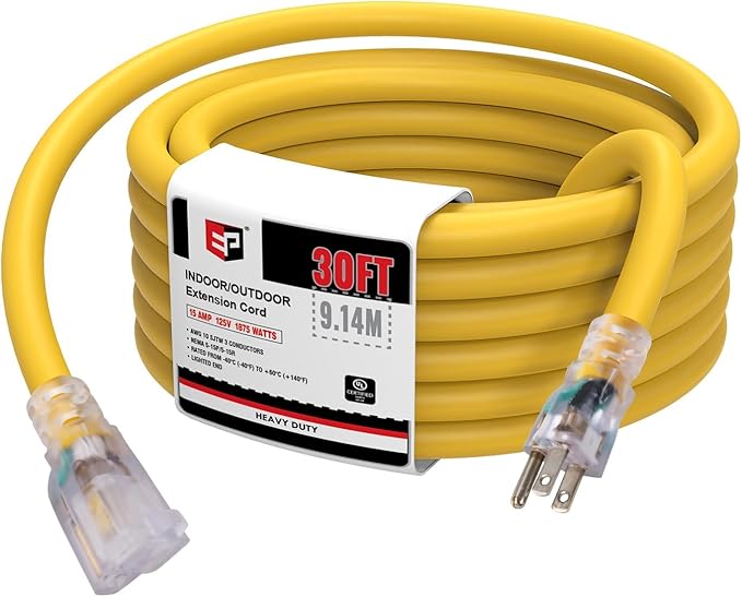 EP 30 Ft Lighted Outdoor Extension Cord - 10/3 SJTW Heavy Duty Yellow Extension Cable with 3 Prong Grounded Plug for Safety, ETL Listed