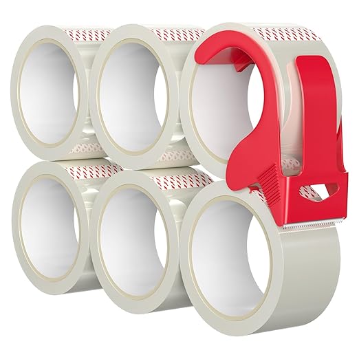 6 Rolls of Clear Shipping Packaging Tape, Packing Tape, Cardboard Tape, Adhesive Roll Packaging Tape with Plastic Dispenser for Packaging Parcels (1.96in x 2.59in)