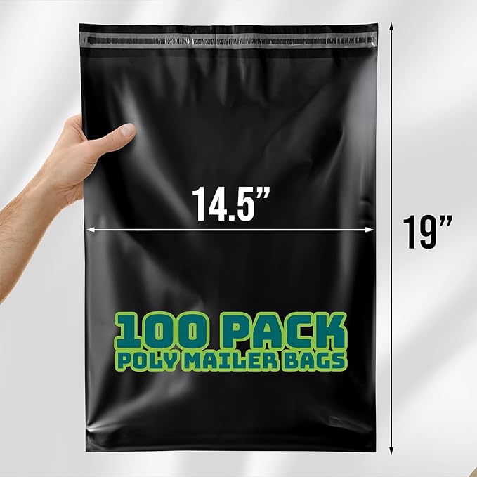Poly Mailers 14.5x19 Inch 100 Pack - Waterproof Black Shipping Bags for Clothing & Packages, Strong Adhesive Sealing Mailing Envelopes for Small Business