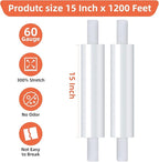 15in Stretch Wrap Roll - Heavy Duty Industrial Strength 15" 1200ft with Extended Cardboard Handles, Clear Cling Shrink Wrap Film Roll 60 Gauge - Ideal for Furniture, Moving, Pallet Packing(2 Rolls)
