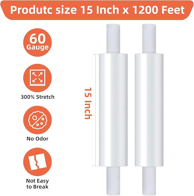 15in Stretch Wrap Roll - Heavy Duty Industrial Strength 15" 1200ft with Extended Cardboard Handles, Clear Cling Shrink Wrap Film Roll 60 Gauge - Ideal for Furniture, Moving, Pallet Packing(2 Rolls)