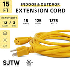EP 15 Ft Outdoor Extension Cord, 12/3 SJTW Heavy Duty Extension Cable with 3 Prong Grounded Plug, 15 AMP Power Cord for Lawn, Garden, Appliances, Yellow