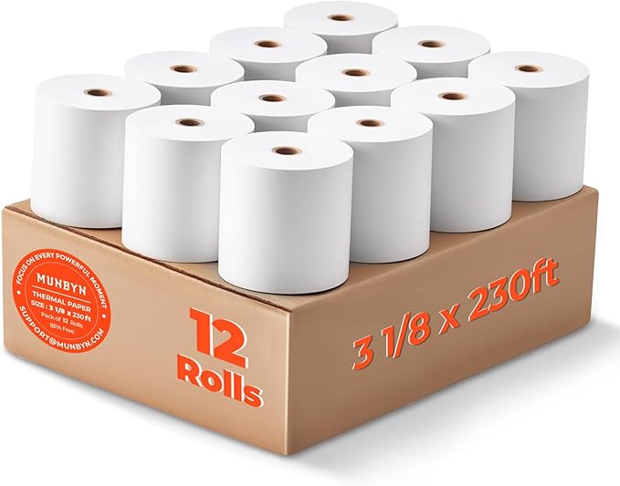 MUNBYN Thermal Paper 3 1/8 x 230ft, 12 Rolls Receipt Paper Work for Star Micronics TSP100 TSP143 Epson 80mm Receipt Printer Square POS Register Credit Card Terminals, Pos Register Paper BPA Free