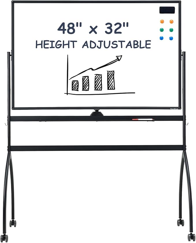 TANKEE White Board Height Adjustable - 48 x 32 Mobile Whiteboard on Wheels, Large Magnetic Double-Sided Rolling Dry Erase Board with Stand, Standing Whiteboard for Office School Home Classroom