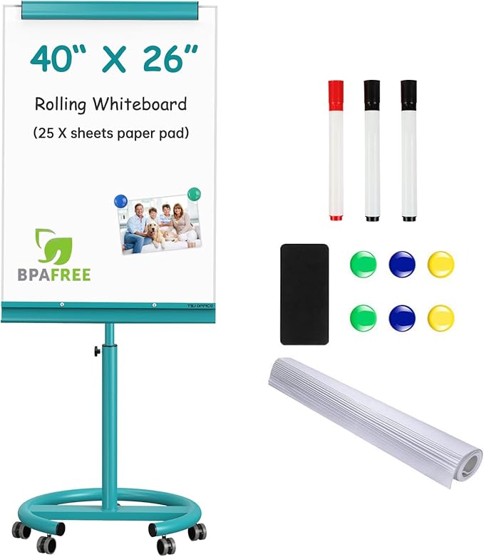 TSJ OFFICE Mobile Whiteboard Magnetic - 40 x 26 Inches Dry Erase Board on Wheel with Stand Flipchart Easel Height Adjustable,Blue