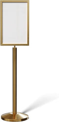 Crowd Control Warehouse Pedestal Standing Floor Sign Frame with Sloped Base, 14x22 Inch Vertical, Satin Brass