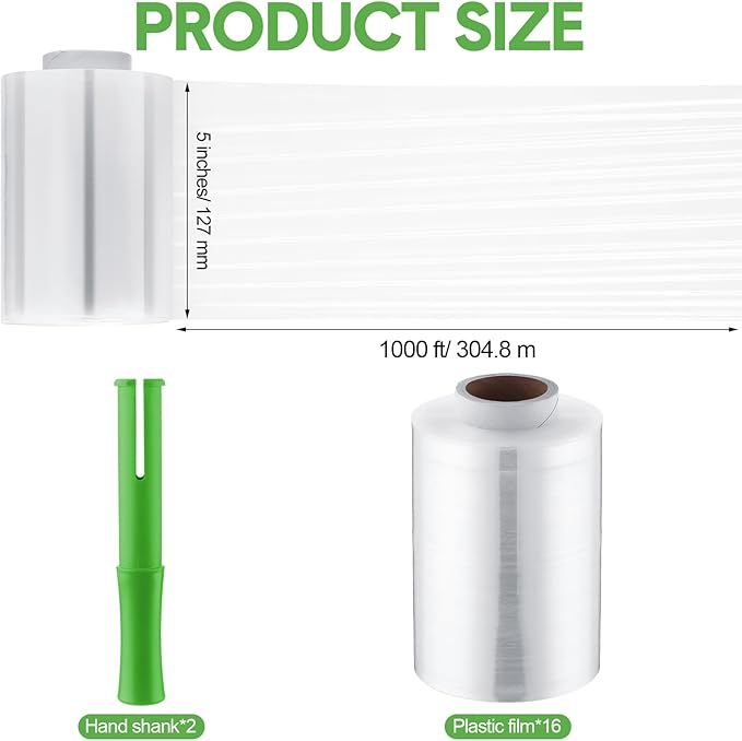 Jutom 16 Pcs Stretchy Wrap Roll Plastic Wrap for Moving with 2 Handles 5" x 1000 ft Packaging Shrink Film Self Adhering Shipping Supplies for Moving Furniture Pallet (Clear,Green)