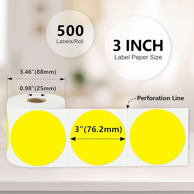 3 x 3Inch Round Color Coding Labels Circle Thermal Labels Printable Waterproof 500Pcs Round Stickers Adhesive Writable for Office,Home,Garage,DIY Sticker,Barcodes,Name Tag, Yellow