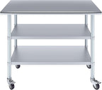 AmGood Stainless Steel Work Table with 2 Shelves and Casters | Metal Utility Table On Wheels (Stainless Steel Work Table with 2 Shelves + Casters, 48" Long x 24" Deep)