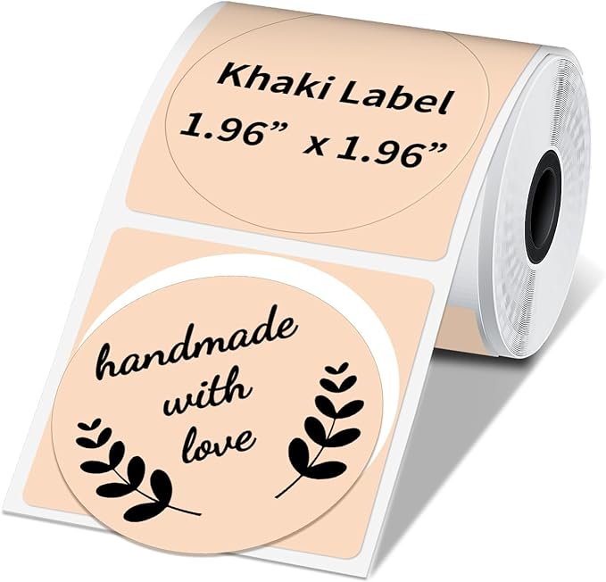 Phomemo Circle Label for M110/M110S/M120/M200/M220 Label Maker, 1.96" x 1.96"（50x50 mm） Round Thermal Labels for Barcode Labels, DIY Logo Design, Black on Khaki