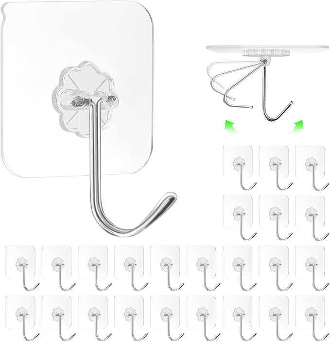ZESLMG Heavy Duty Sticky Wall Hooks for Hanging, 24 Pack Self Adhesive Hooks 44lb Clear, Removable Large Shower Hook No Damage for Towel Key Coat Picture Wreath Outdoor Bathroom Kitchen, Waterproof