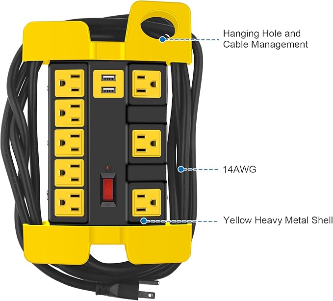 Heavy Duty Power Strip with USB, Workshop 8 Outlet Surge Protector 2700 Joules, Industrial Metal 15Amp Power Strip, 6 FT Extension Cord and Wide Spaced Black.