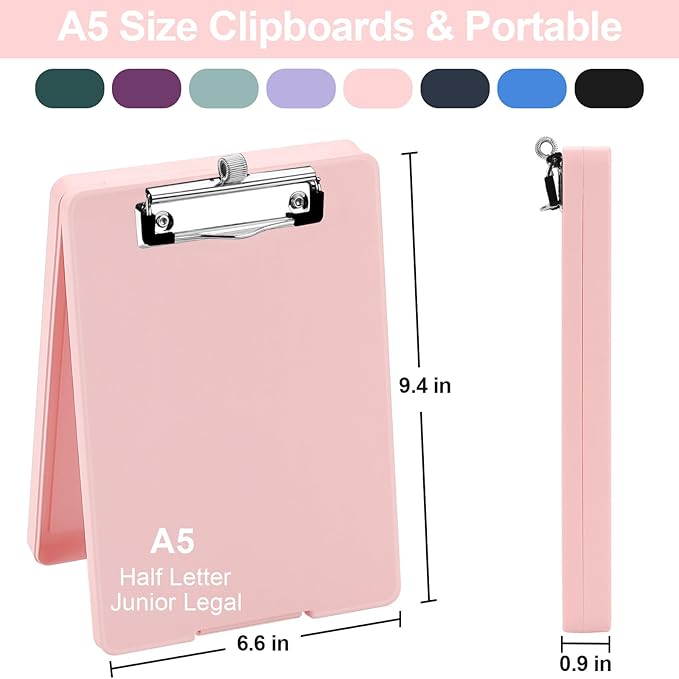 Small Clipboard with Storage, A5 Clipboards with Pen Holder, Half Letter Clip Boards 6x9 Mini Plastic Clipboard with Low Profile Clip for Classroom, School, Office Supplies (Light Pink)