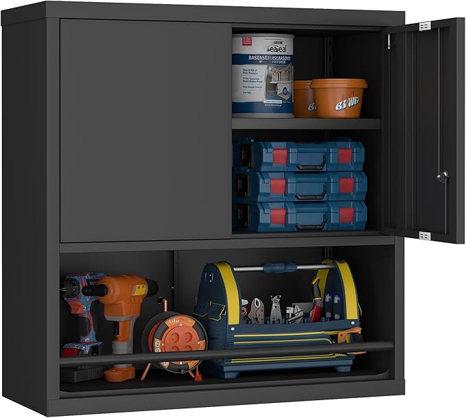 GREATMEET Garage Wall Cabinet, Metal Garage Storage Cabinets, Locking Utility Cabinet, Hanging Cabinets for Wall, Wall-Mounted Garage Cabinets, Black