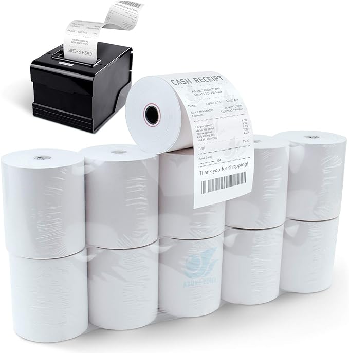 (10 Rolls) 3-1/8 X 230 ft Thermal Credit Card Paper, 80mm Fits Most POS Machines and Cash Registers - Azure Zone